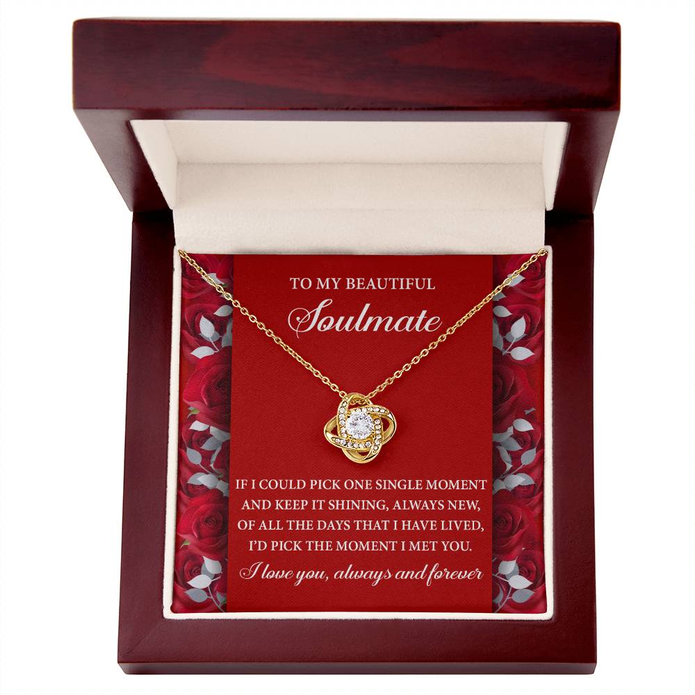 The Soulmate-Keep It Shining Love Knot Necklace features cubic zirconia and comes in a red gift box with a message card that reads, "To my beautiful soulmate," accompanied by a romantic note—an exquisite personalized gift.