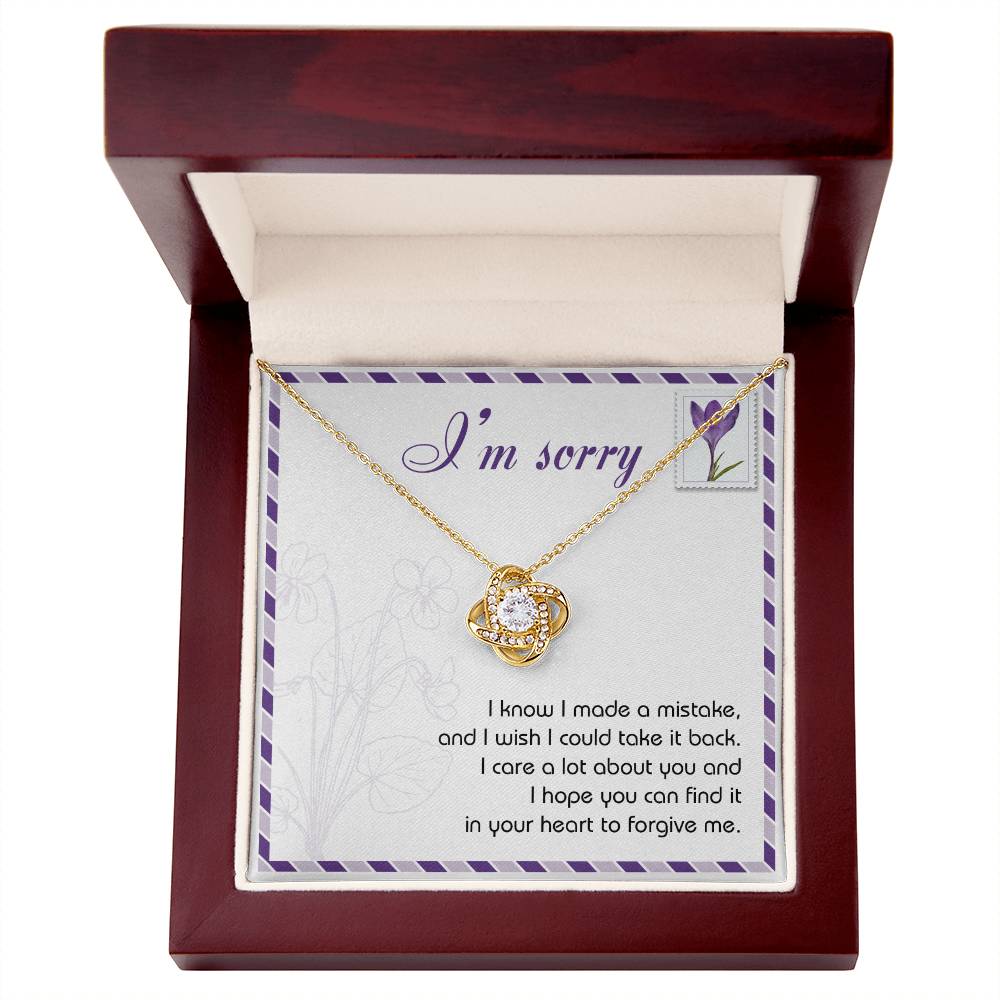 The "Sorry, Take It Back - Love Knot Necklace," featuring a silver pendant embellished with shimmering cubic zirconia crystals, is presented on a sympathy card that reads, "I'm sorry. I know I made a mistake, and I wish I could take it back. I care a lot about you and hope you can forgive me.