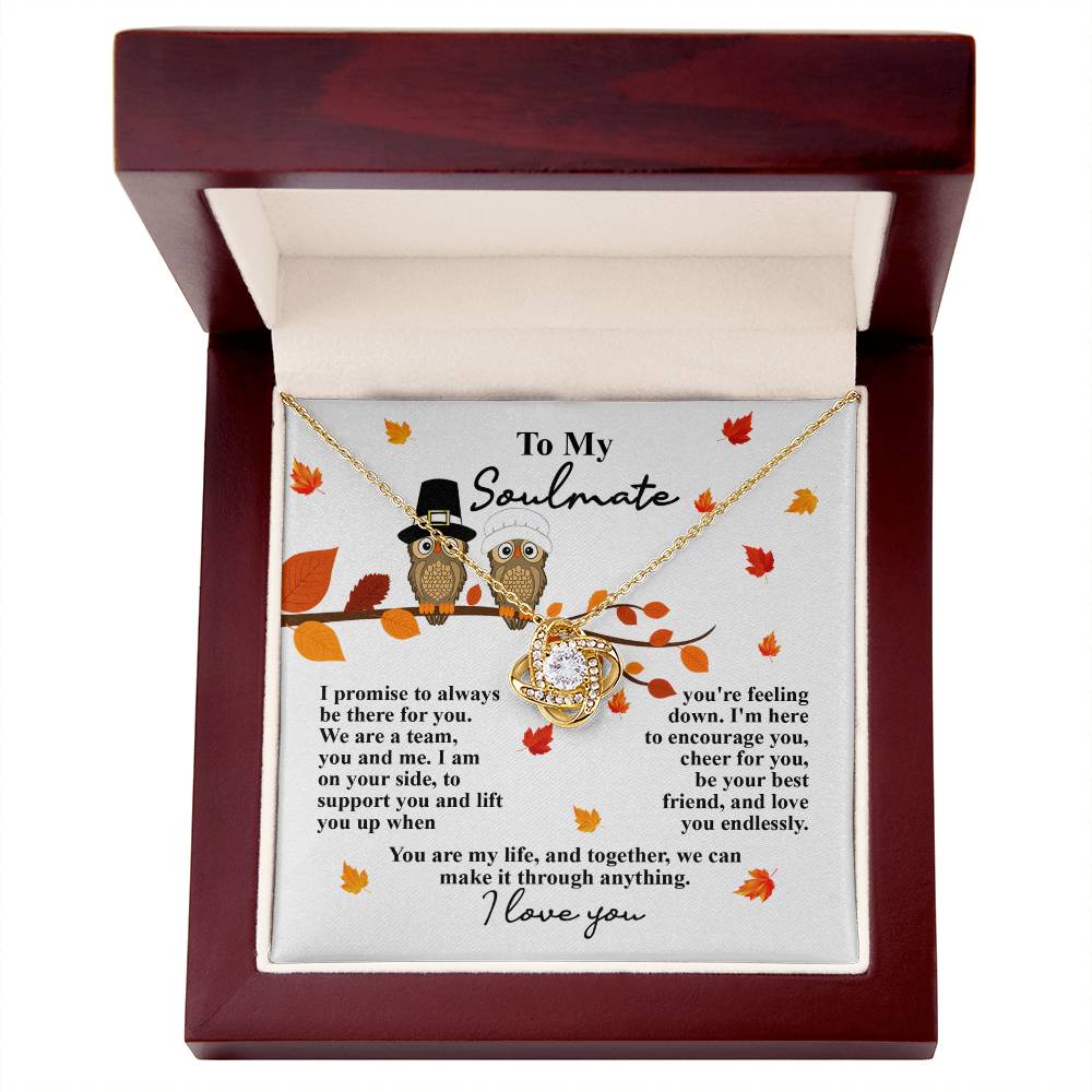 An open wooden jewelry box showcases the "Soulmate-Love You Endlessly - Love Knot Necklace," crafted in 14k white gold and adorned with cubic zirconia crystals. The inside lid displays a heartwarming message dedicated to a soulmate, embellished with two owl illustrations and autumn leaves.