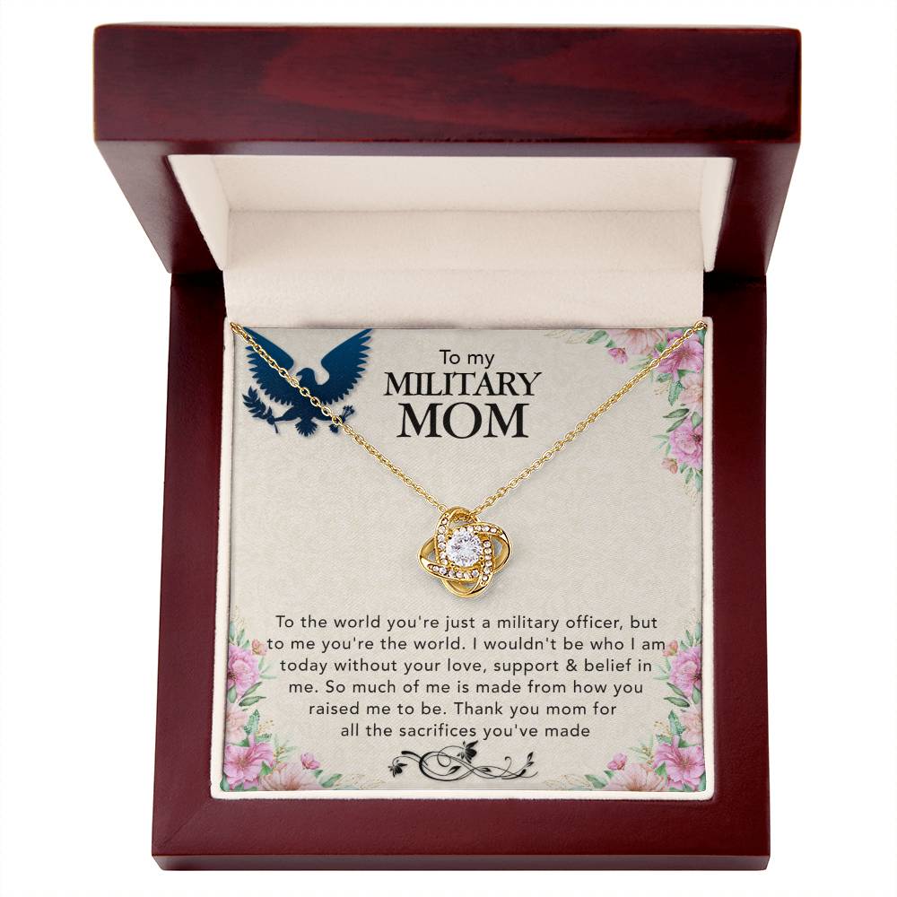 The ShineOn Fulfillment To My Military Mom, To The World You're Just A Miltary Officer - Love Knot Necklace in a wooden box symbolizes sacrifices.