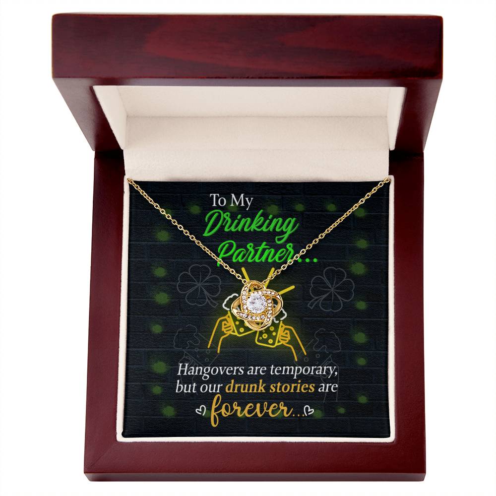 A personalized gift box with a Drunk Stories - Love Knot Necklace from ShineOn Fulfillment that says to my drinking partner forever.