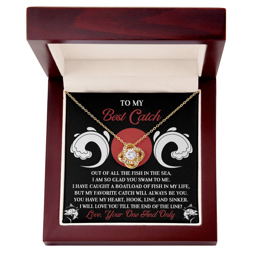 The Soulmate-Of The Line - Love Knot Necklace, symbolizing enduring love, rests in a red box with a romantic message. Its delicate design is beautifully enhanced by shimmering cubic zirconia, making it the perfect expression of an unbreakable bond.