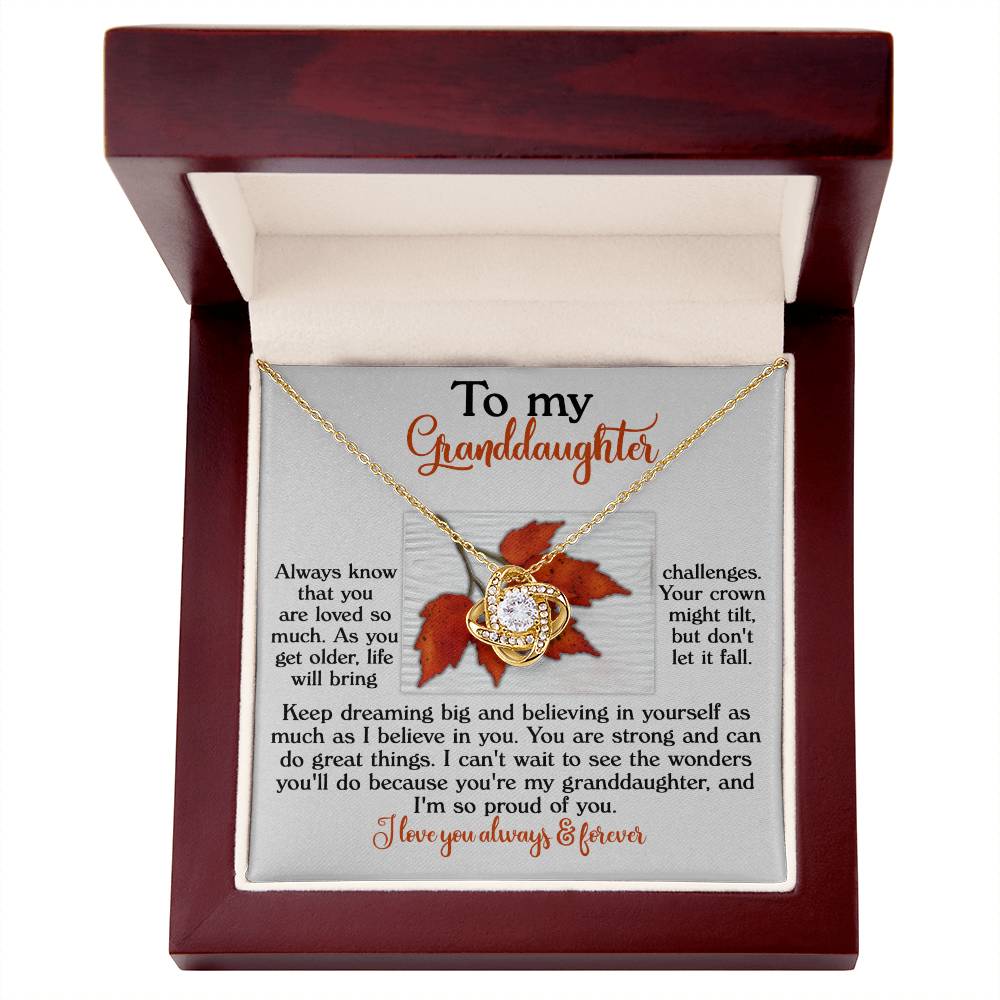 The Granddaughter-Do Great Things Love Knot Necklace is thoughtfully presented in a box with a touching message for a granddaughter, showcasing white gold accents and a circular charm embellished with sparkling cubic zirconia.