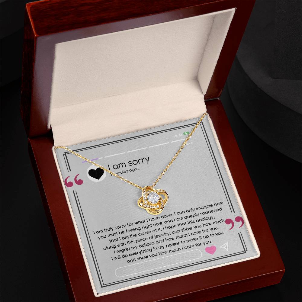 Introducing the "Sorry-Care For You - Love Knot Necklace," elegantly finished in white gold and adorned with sparkling cubic zirconia crystals. Accompanied by a heartfelt note expressing sincere apologies and deep regret, this gift beautifully signifies the sender's care and commitment to making amends.
