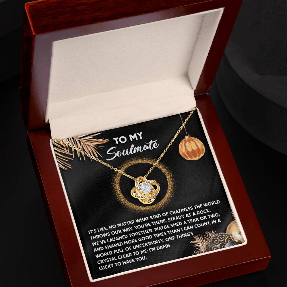 The Soulmate-I Can Count - Love Knot Necklace, embellished with a heart and sparkling cubic zirconia crystals, is elegantly presented in a jewelry box. The lid bears the inscription: "To My Soulmate," complemented by a heartfelt message beneath, creating an ideal personalized gift for that special someone.
