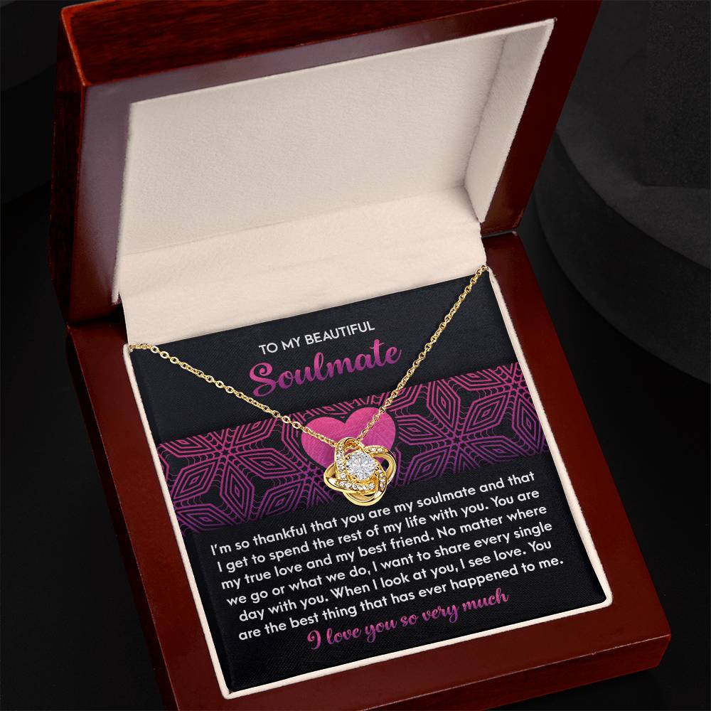 The Soulmate-I See Love Knot Necklace, presented in a gift box with sparkling cubic zirconia crystals and a heartfelt note for your soulmate, symbolizes an unbreakable bond of gratitude and love.