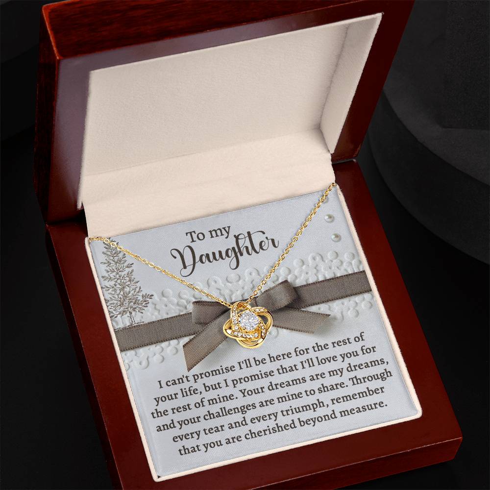 The personalized gift includes the Daughter-Mine To Share - Love Knot Necklace, featuring a heart pendant accented with cubic zirconia crystals. It is beautifully presented in an open box, accompanied by a card that begins with "To my Daughter..." and continues with a heartfelt message about love and perseverance.