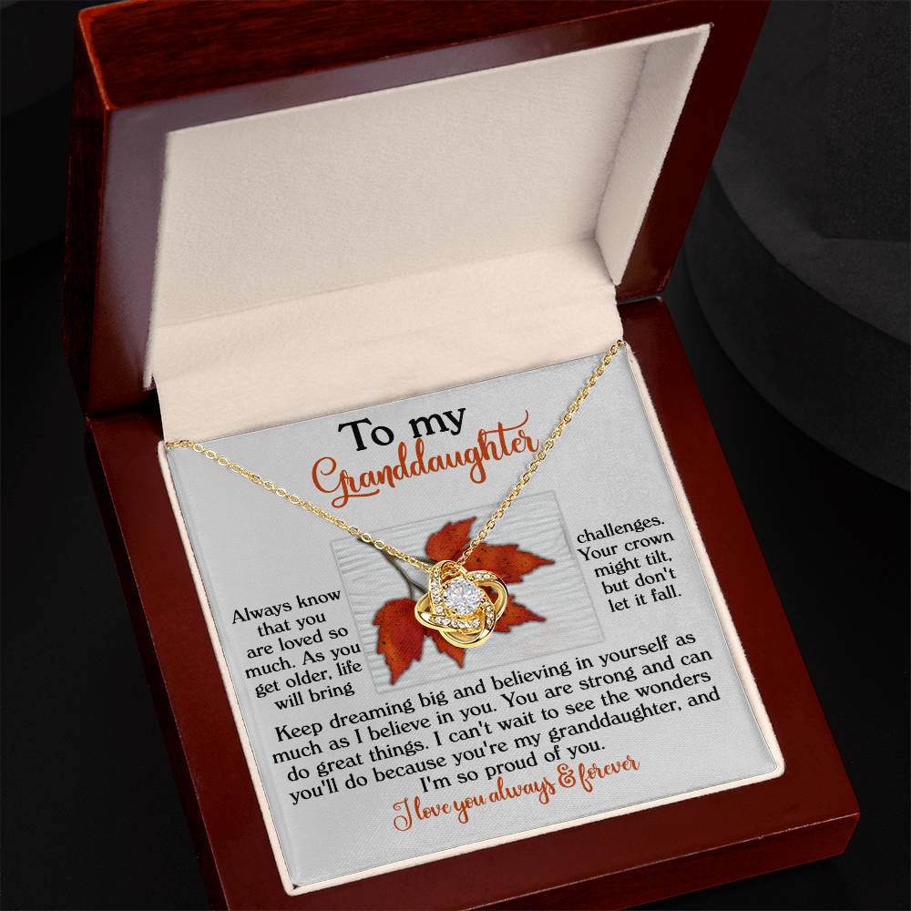 The Granddaughter-Do Great Things - Love Knot Necklace is beautifully presented in an open gift box, featuring a dazzling Cubic Zirconia and accompanied by a touching message for a granddaughter about love, belief, dreams, and pride.