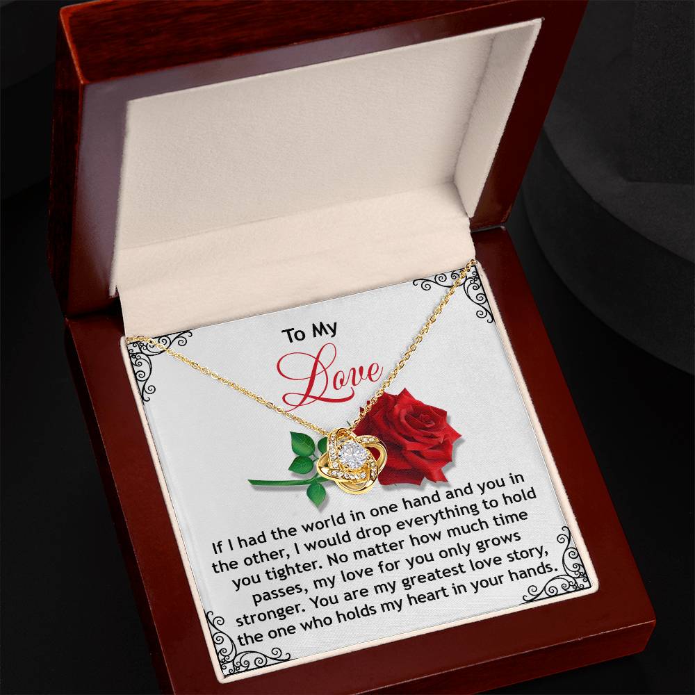 The Soulmate-In Your Hands - Love Knot Necklace features white gold heart pendants in a wooden box. Inside, "To My Love" is accompanied by a red rose image and a heartfelt quote, enhancing the charm of this precious gift.