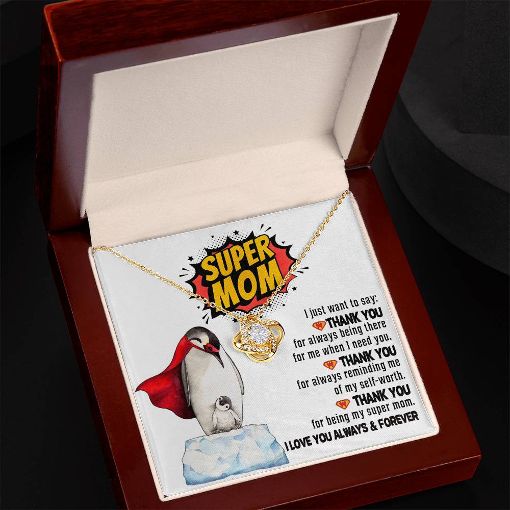 The "To Mom, Super Mom - Love Knot Necklace" showcases intertwined hearts in an open box adorned with a "Super Mom" graphic. The accompanying message expresses heartfelt gratitude for a mother's unwavering support and love, while the cubic zirconia accents symbolize the unbreakable bond between mother and child.