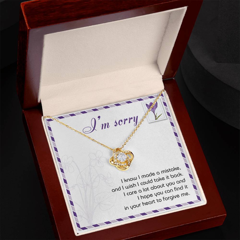 The "Sorry, Take It Back - Love Knot Necklace," featuring a silver pendant embellished with shimmering cubic zirconia crystals, is presented on a sympathy card that reads, "I'm sorry. I know I made a mistake, and I wish I could take it back. I care a lot about you and hope you can forgive me.