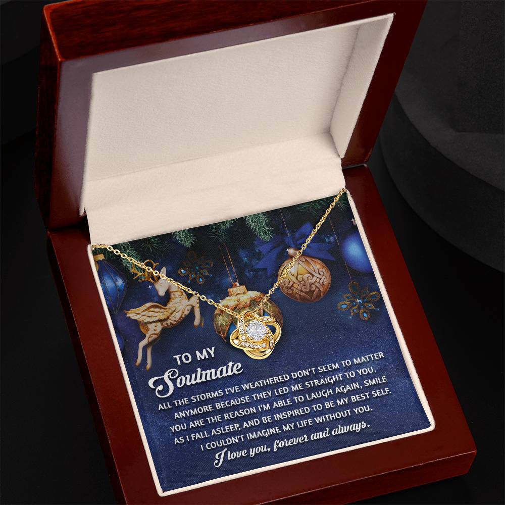A Soulmate-Straight To You - Love Knot Necklace with charms is elegantly displayed in an open jewelry box, featuring a message card with a heartfelt note addressed to a soulmate, making it an ideal personalized gift.