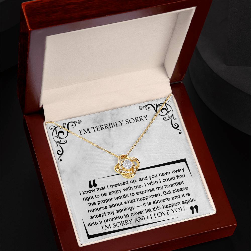 The Sorry-Angry With Me - Love Knot Necklace, featuring two interlocking hearts adorned with cubic zirconia crystals, is elegantly showcased in an open velvet-lined box. It comes with an apology note that reads "I'M TERRIBLY SORRY. I'M SORRY AND I LOVE YOU.