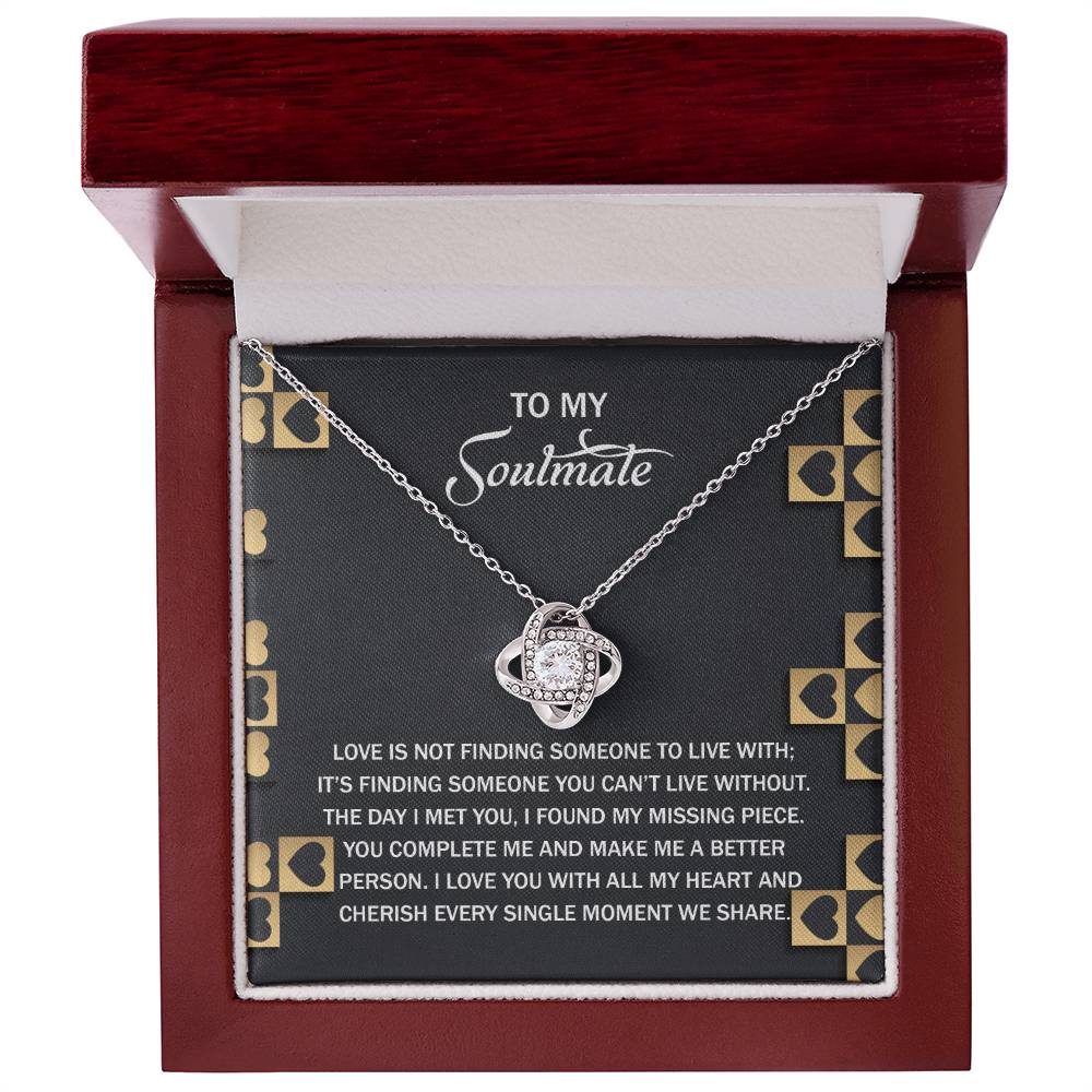 The Soulmate-Missing Piece Love Knot Necklace, adorned with cubic zirconia crystals, includes a planet pendant and heartfelt message for a soulmate. Elegantly packaged in a gift box, it makes the perfect personalized gift.