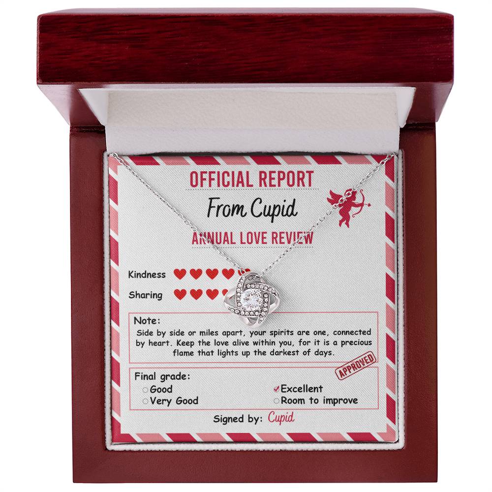 The Soulmate-Official Report - Love Knot Necklace, sparkling with cubic zirconia in a red jewelry box, includes Cupid's "Annual Love Review" report, grading kindness and sharing. It beautifully symbolizes an unbreakable bond.