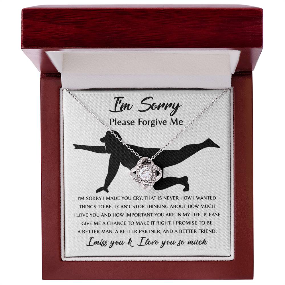 The Sorry-Things to Be Love Knot Necklace features an intertwined knot pendant adorned with cubic zirconia crystals and comes with a heartfelt card that depicts a silhouette of a person kneeling and the words, "I'm sorry, please forgive me... I promise to be a better man..." among other touching text. This classic gift speaks volumes.