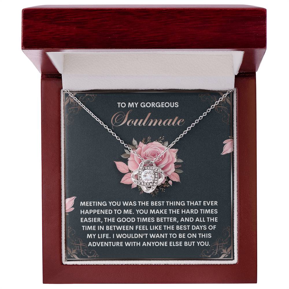 The Soulmate-Best Days Love Knot Necklace features a heart pendant with cubic zirconia crystals in a box. The card reads: "To my gorgeous soulmate," showcasing a pink rose design—an exquisite personalized gift.