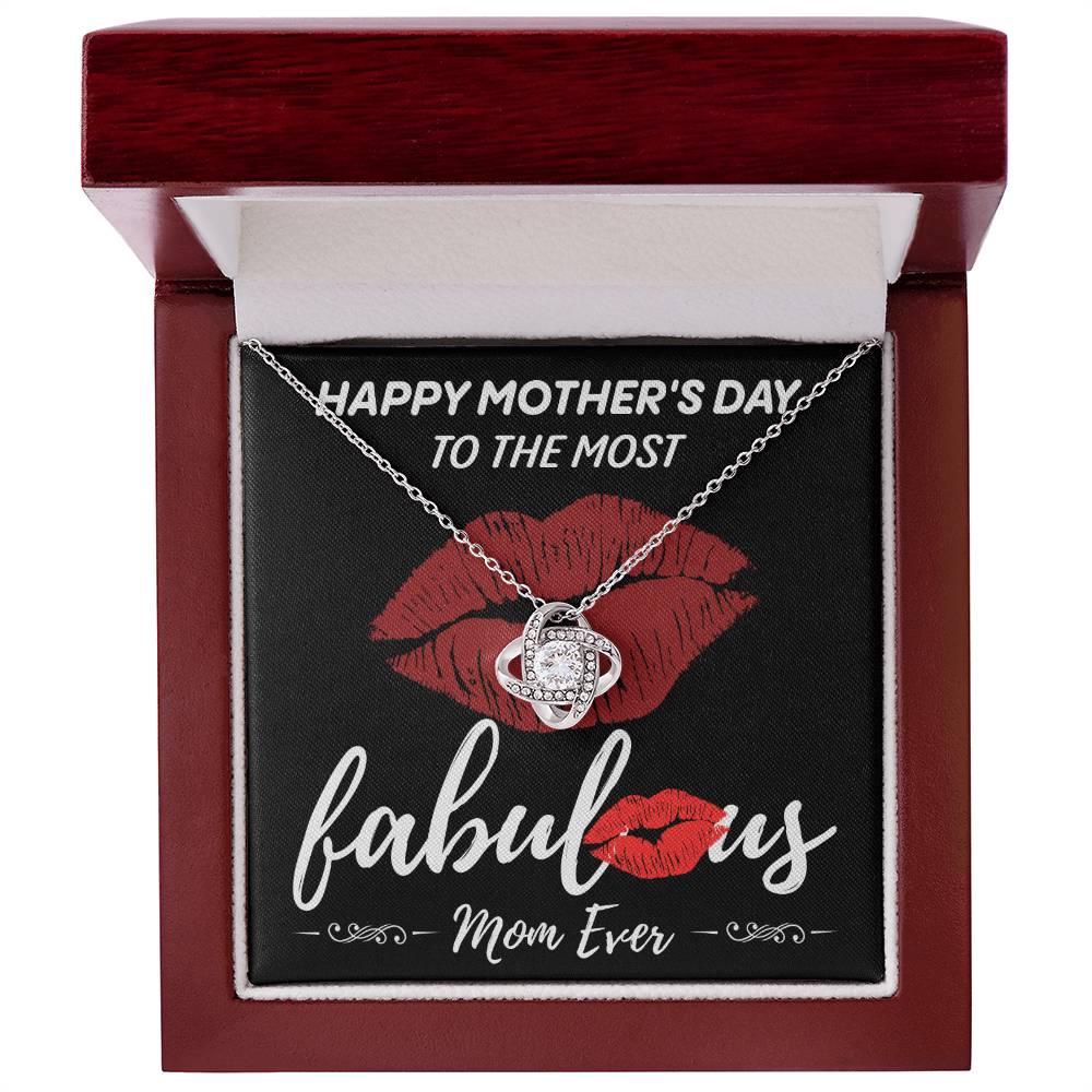 A "To Mom, The Most Fabulous - Love Knot Necklace" in a gift box, adorned with cubic zirconia crystals, featuring the text "Happy Mother’s Day to the most fabulous mom ever" and accompanied by red lips graphics.