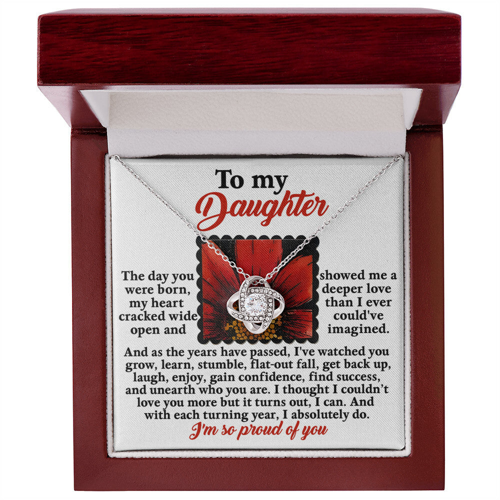 Introducing the Daughter-A Deeper Love - Love Knot Necklace, a stunning silver piece embellished with cubic zirconia crystals, elegantly placed inside a gift box. The heartfelt message "To my Daughter" conveys your love, pride, and unwavering support as she grows up. This personalized gift beautifully celebrates her journey and the special bond you share.