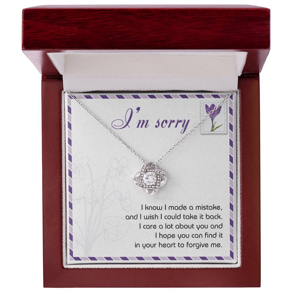 The "Sorry, Take It Back - Love Knot Necklace," featuring a silver pendant embellished with shimmering cubic zirconia crystals, is presented on a sympathy card that reads, "I'm sorry. I know I made a mistake, and I wish I could take it back. I care a lot about you and hope you can forgive me.