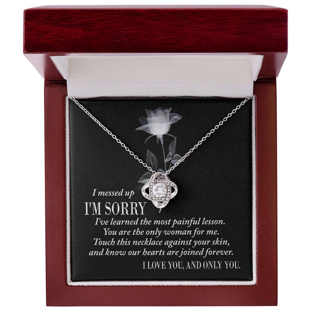 A silver Sorry-Painful Lesson - Love Knot Necklace on a dark background, adorned with shimmering cubic zirconia crystals. The text includes an apology, a statement of love, and an affirmation of unity.