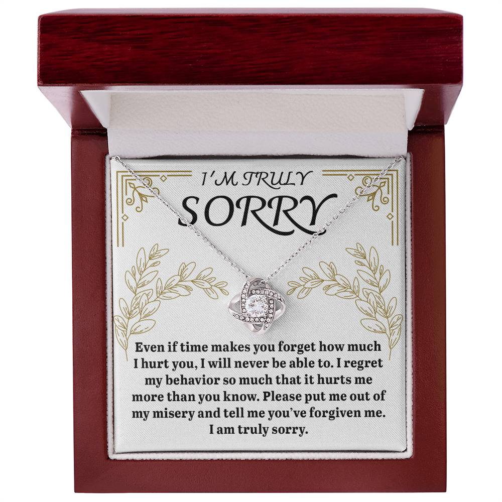 The Sorry-It Hurts Me - Love Knot Necklace rests inside a red box accompanied by an apology note that reads, "I'm truly sorry. Even if time makes you forget how much I hurt you, I will never be able to. I regret my behavior…” This piece of 14k white gold jewelry is adorned with sparkling cubic zirconia crystals, symbolizing my deepest remorse.
