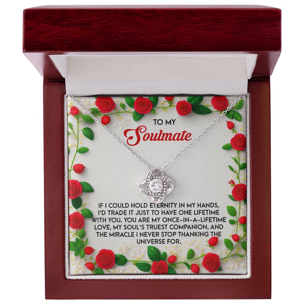 The Soulmate-One Lifetime - Love Knot Necklace, paired with a box of red roses and an inside lid message for a soulmate, makes the perfect personalized gift.
