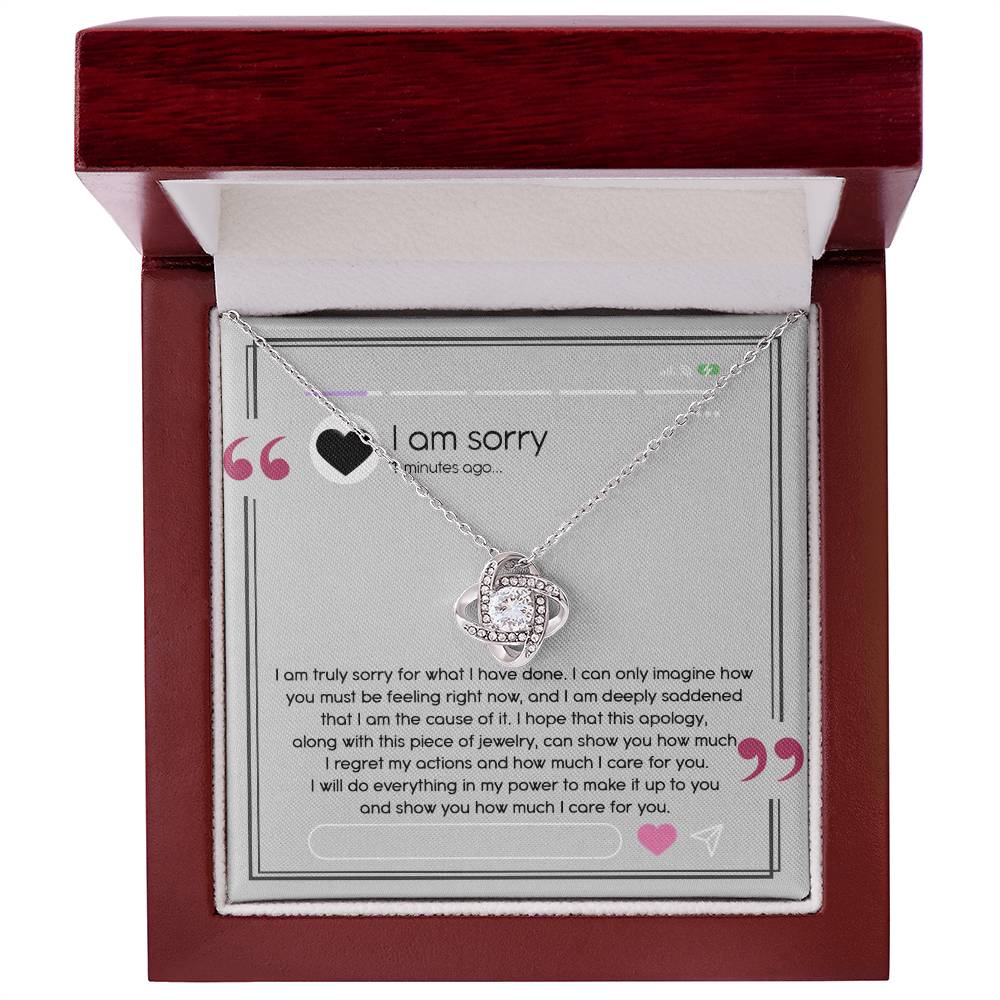Introducing the "Sorry-Care For You - Love Knot Necklace," elegantly finished in white gold and adorned with sparkling cubic zirconia crystals. Accompanied by a heartfelt note expressing sincere apologies and deep regret, this gift beautifully signifies the sender's care and commitment to making amends.