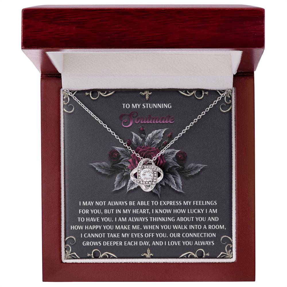 The Soulmate-Eyes Off You - Love Knot Necklace, with interlocking circles and a sparkling cubic zirconia centerpiece, rests in an open red box. The background showcases roses and a heartfelt card addressed "To My Stunning Partner.