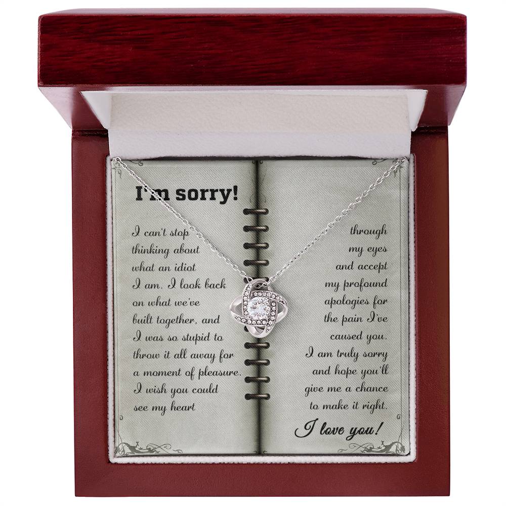 An open jewelry box with an apologetic message and a Sorry-What An Idiot - Love Knot Necklace featuring premium cubic zirconia crystals inside.