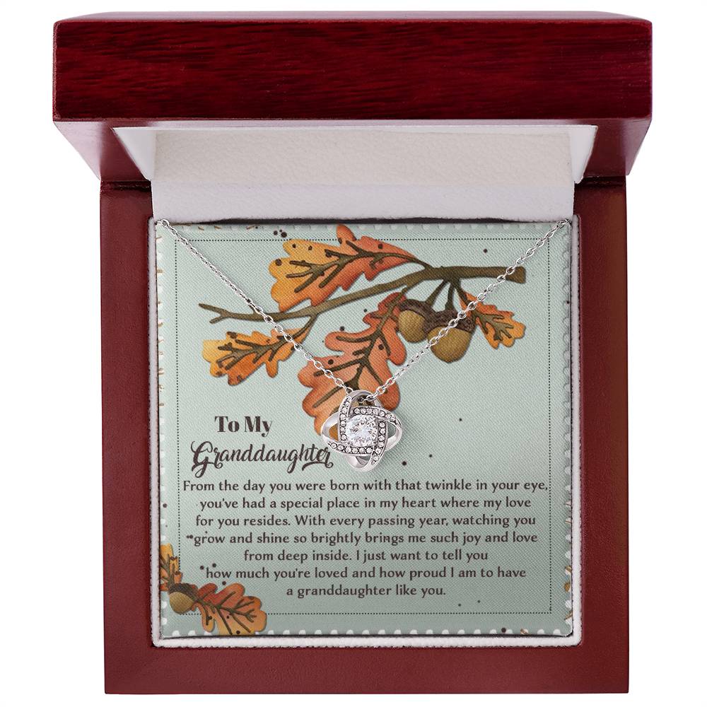 A Gold Finish Love Knot Necklace, featuring a heart-shaped pendant and a Cubic Zirconia centerpiece, is elegantly presented in a box. The packaging includes a touching message titled "To My Granddaughter," beautifully adorned with autumn leaf designs. The product is known as the "Granddaughter-From Deep Inside - Love Knot Necklace.