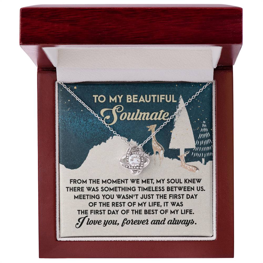 The Soulmate - Between Us - Love Knot Necklace, featuring shimmering cubic zirconia crystals and beautifully presented in a gift box, conveys a heartfelt message about meeting your soulmate. This personalized gift is ideal for celebrating the enduring bonds of true love.
