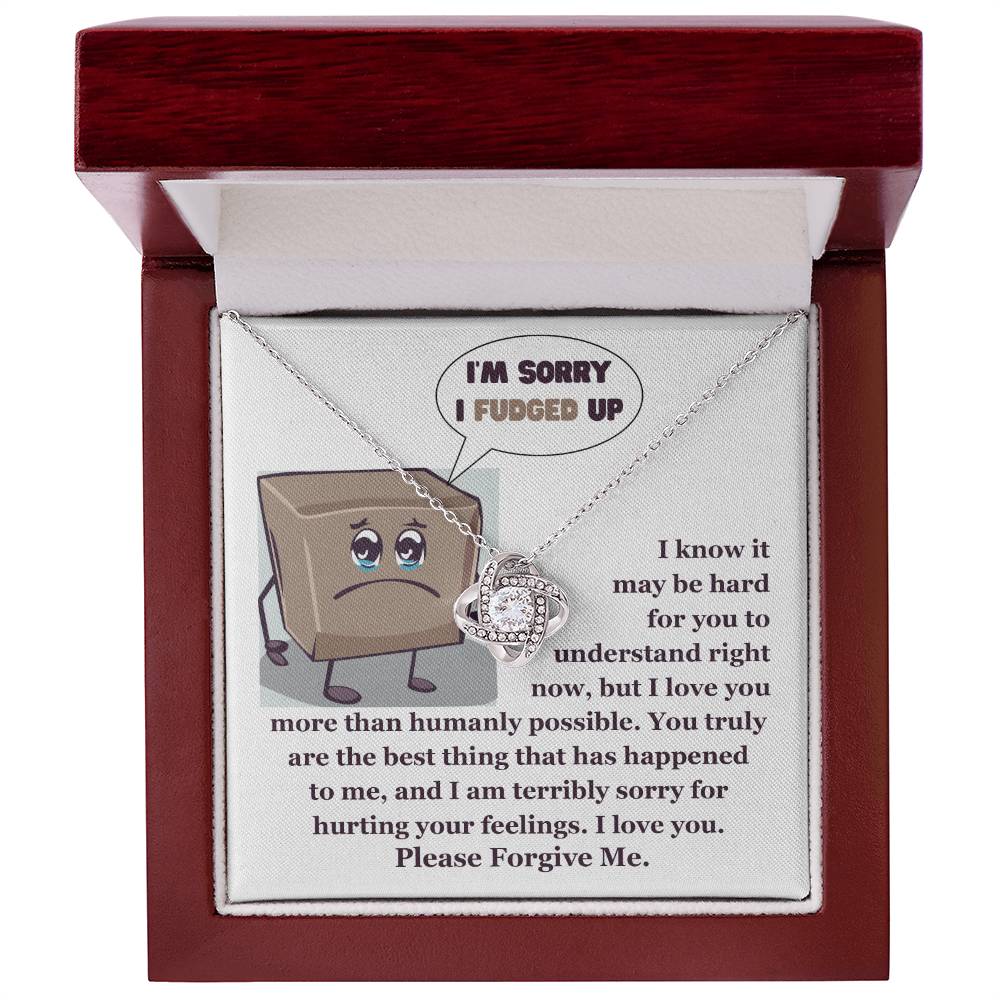The "Sorry-The Best Thing" Love Knot Necklace, crafted in 14k white gold and adorned with shimmering cubic zirconia crystals, is presented elegantly in a box. The cover showcases an apologetic cartoon, expressing deep regret and asking for forgiveness.