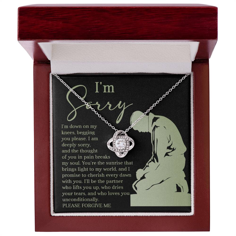 Box containing the "Sorry-On My Knees - Love Knot Necklace," adorned with cubic zirconia crystals and featuring a heartfelt message that reads, "I'm sorry. I'm down on my knees, begging you please. I am deeply sorry. Please forgive me.