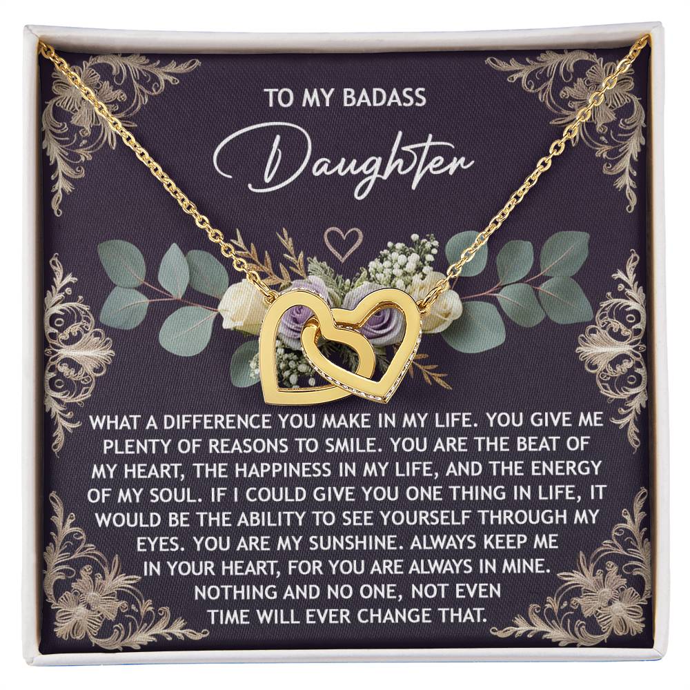 The Daughter-Always In Mine - Interlocking Hearts Necklace has a rose gold finish and sparkling cubic zirconia crystals, along with a heartfelt message for your daughter. Elegantly presented in a decorative box, it's the perfect gift to express your love.