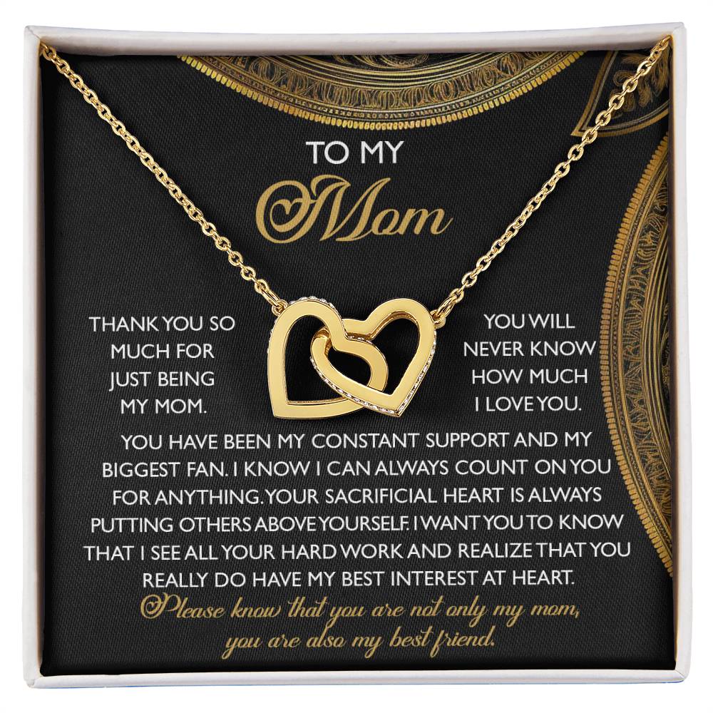 The Mom-Best Friend - Interlocking Hearts Necklace gift box features a rose gold finish and sparkling cubic zirconia crystals, along with a heartfelt message expressing love and gratitude for a mom's unwavering support and selflessness.