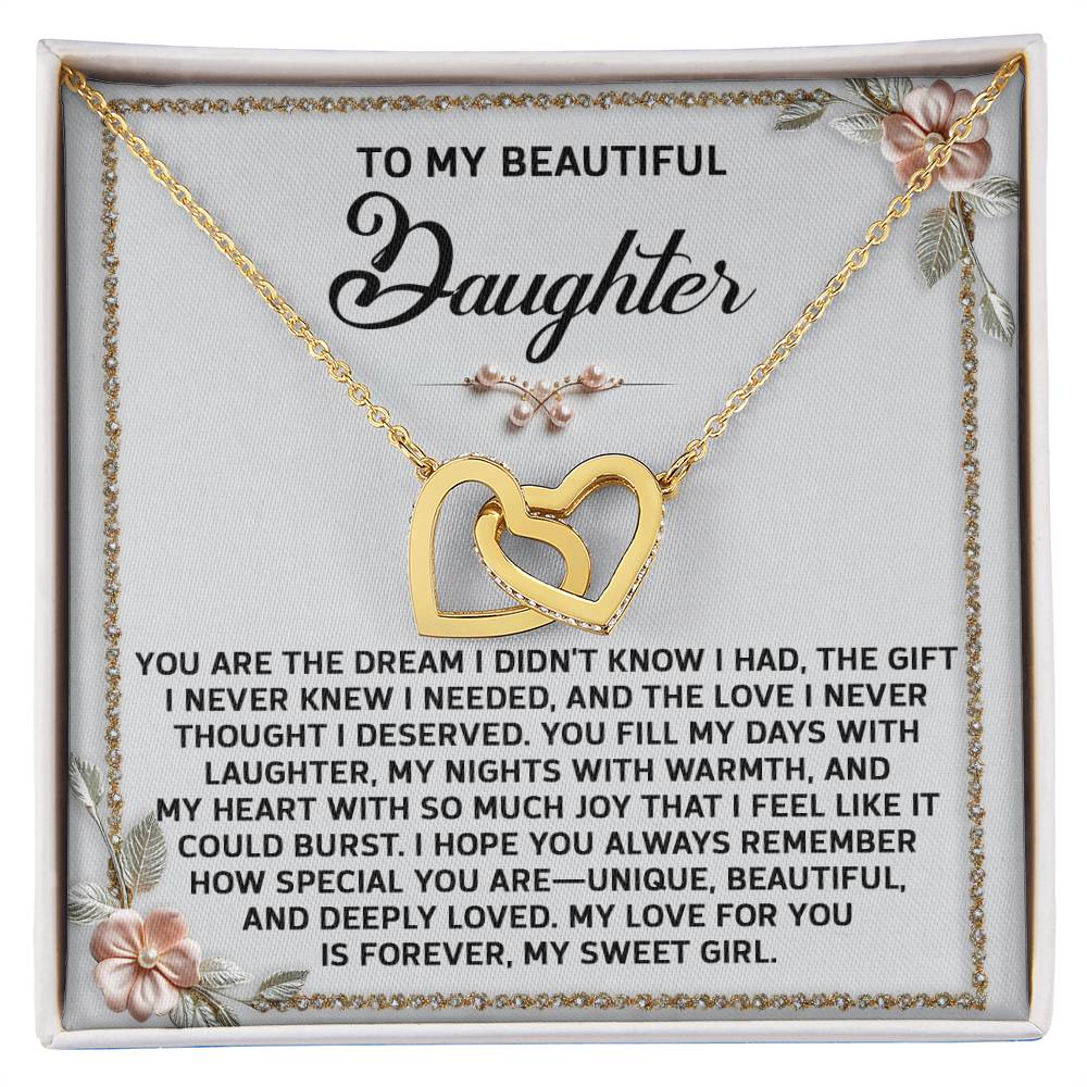 The Daughter-My Sweet Girl - Interlocking Hearts Necklace features a rose gold finish and sparkling cubic zirconia crystals, presented on a heartfelt message card to your daughter, expressing love and appreciation.
