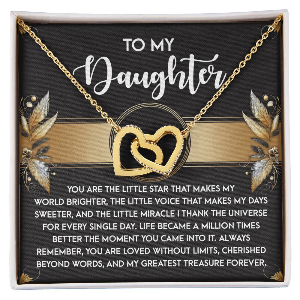 The Daughter-Greatest Treasure Interlocking Hearts Necklace is set against a black background with feather illustrations and cubic zirconia crystals, making it a heartfelt gift for her featuring a touching message to your daughter.