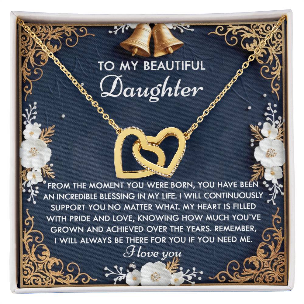 The Daughter-If You - Interlocking Hearts Necklace features cubic zirconia crystals and a rose gold finish, along with a card that has a floral border and the heartfelt message "To My Beautiful Daughter.