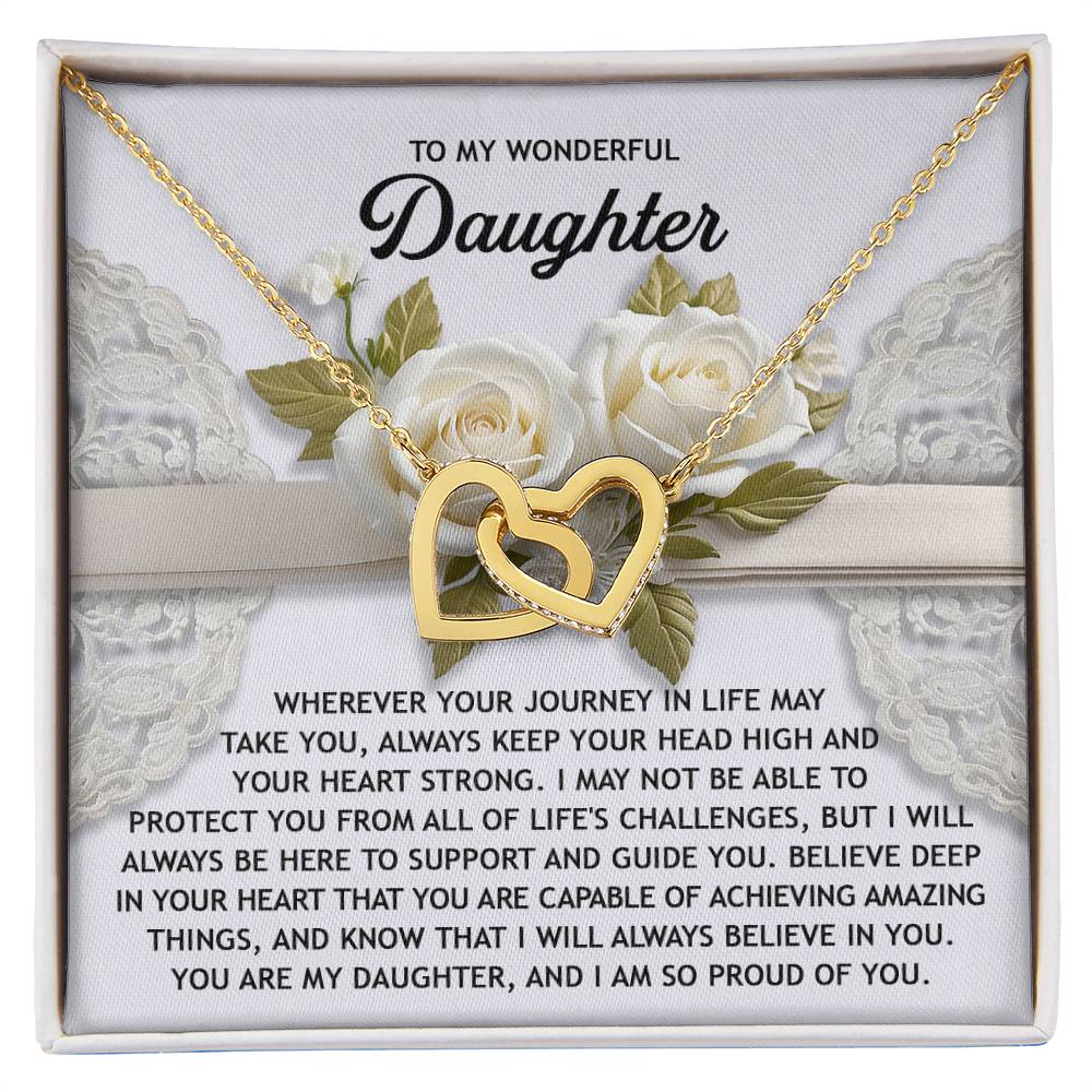 The Daughter-Your Heart - Interlocking Hearts Necklace, embellished with cubic zirconia crystals, sparkles against a backdrop of white roses and lace design, accompanied by a touching message to a daughter.