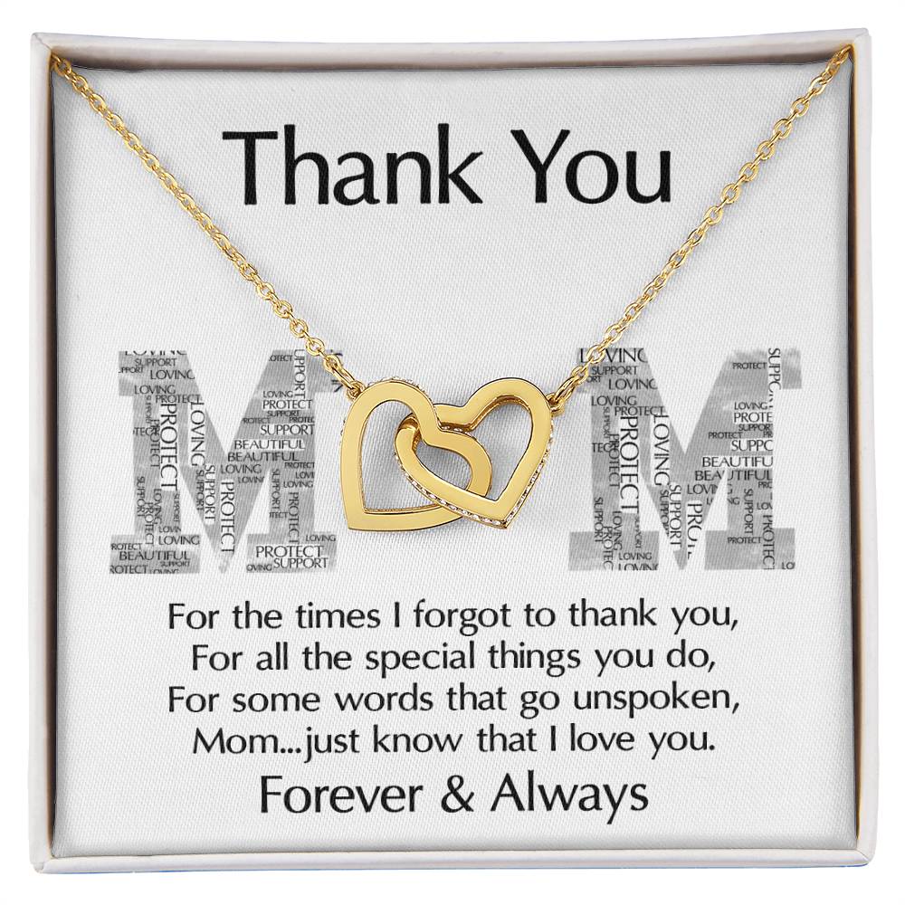 The "To Mom, Thank You - Interlocking Hearts Necklace" features gold interlocking hearts with cubic zirconia crystals. It comes on a card with a heartfelt appreciation message, making it the perfect personalized gift.