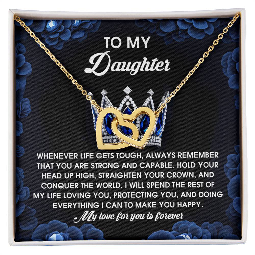 The Daughter-Make You Happy - Interlocking Hearts Necklace, featuring interlinked rose gold-finished hearts with shimmering cubic zirconia crystals, arrives in a box with the words "To my daughter" and an inspiring quote about strength and love.