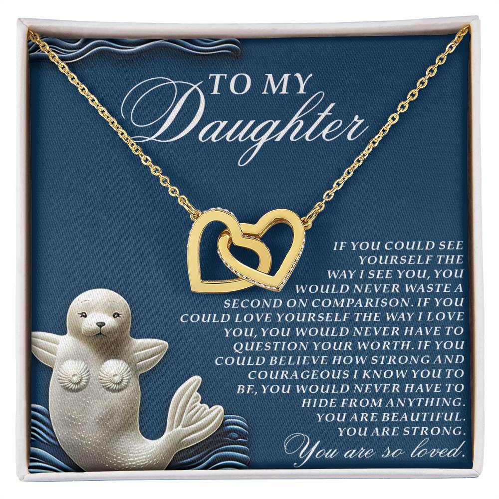 The Daughter-So Loved Interlocking Hearts Necklace in a rose gold finish with cubic zirconia crystals is presented on a card reading "To My Daughter" and features an uplifting message about strength, beauty, and love next to a smiling seal image.