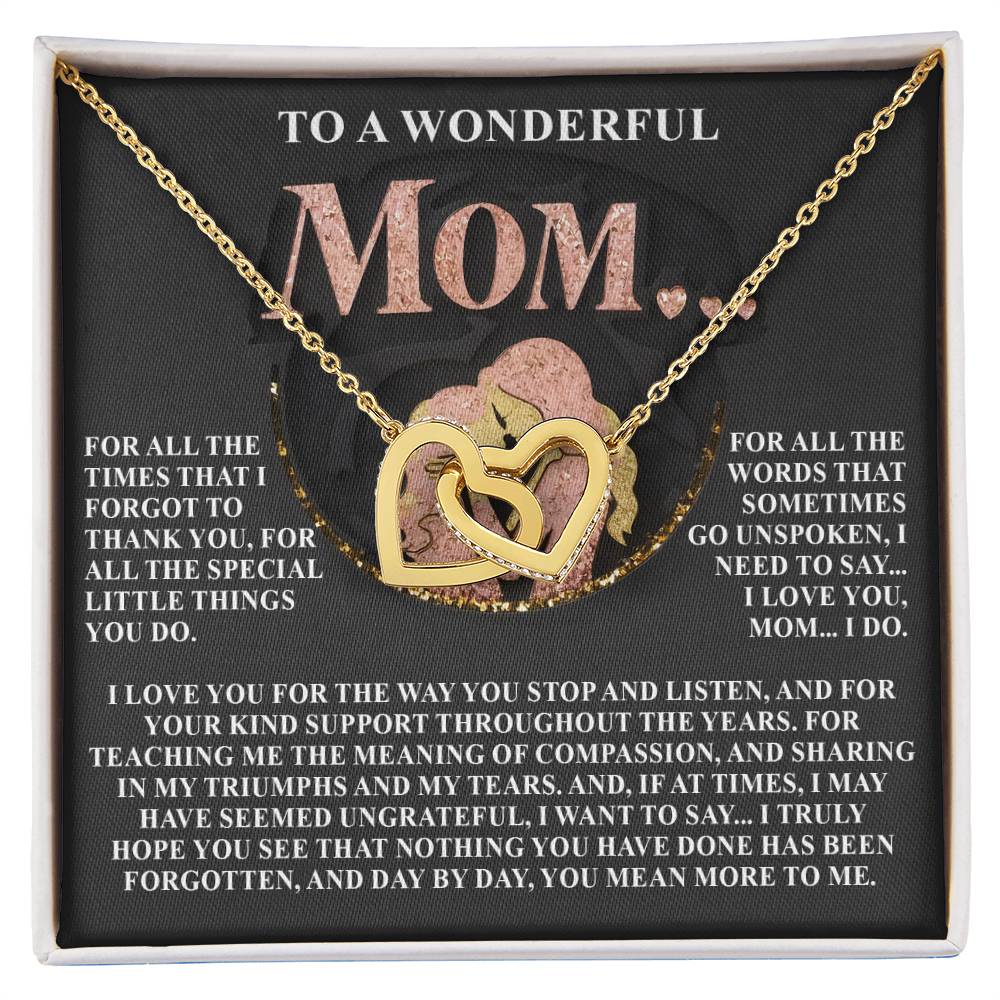 The Mom-More To Me 2 gift box features an Interlocking Hearts Necklace decorated with cubic zirconia crystals and a stunning 18k yellow gold finish, set against a heartfelt message of love and gratitude for a mother.