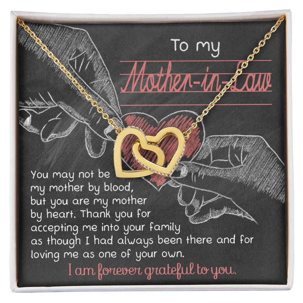 This Interlocking Hearts Necklace, adorned with cubic zirconia crystals, is a unique gift. It includes a printed card featuring heart and hand illustrations along with a touching message for your mother-in-law.