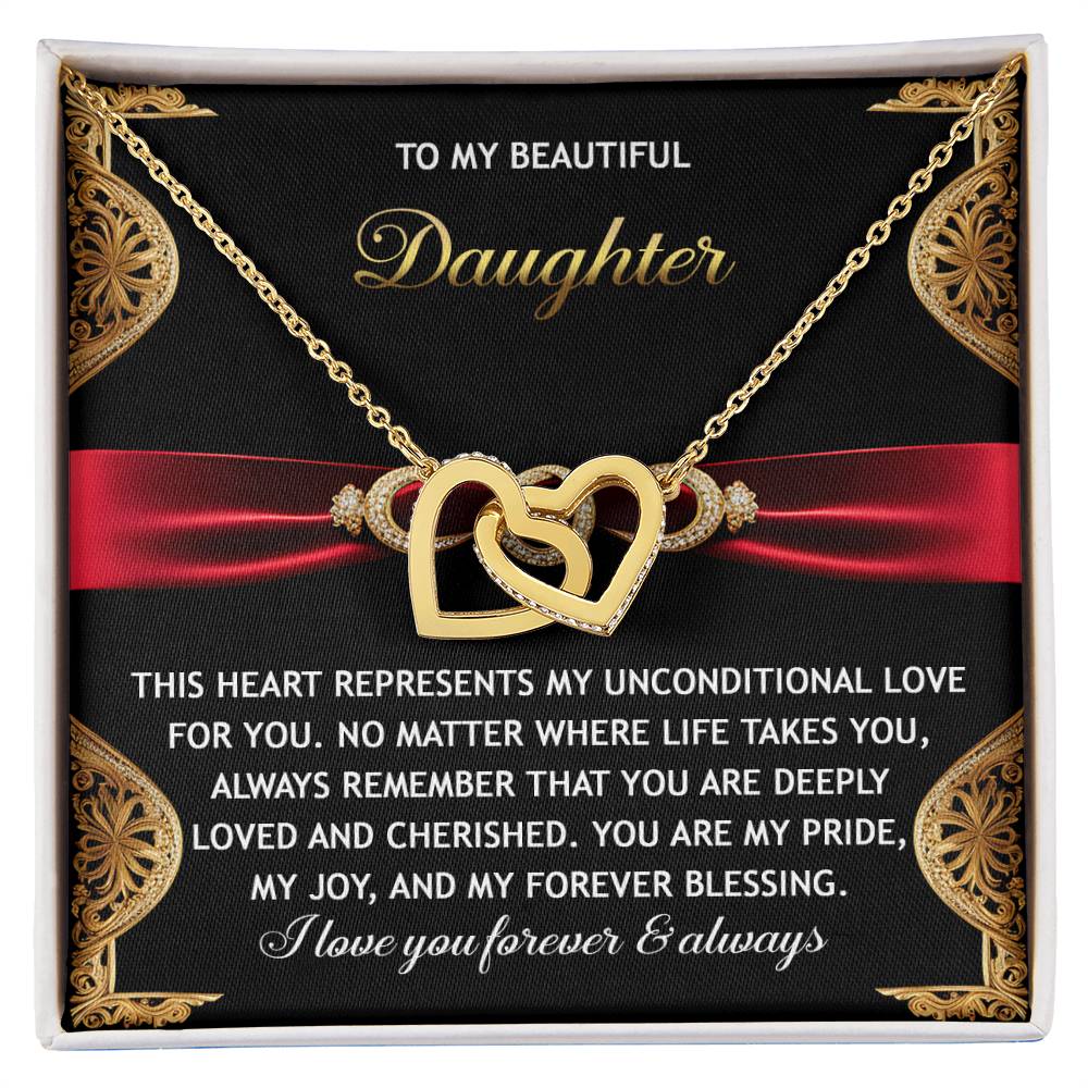 The Daughter-Love For You - Interlocking Hearts Necklace, featuring cubic zirconia crystals with an 18k yellow gold finish, sits elegantly in a box, symbolizing unconditional love and pride for a daughter.