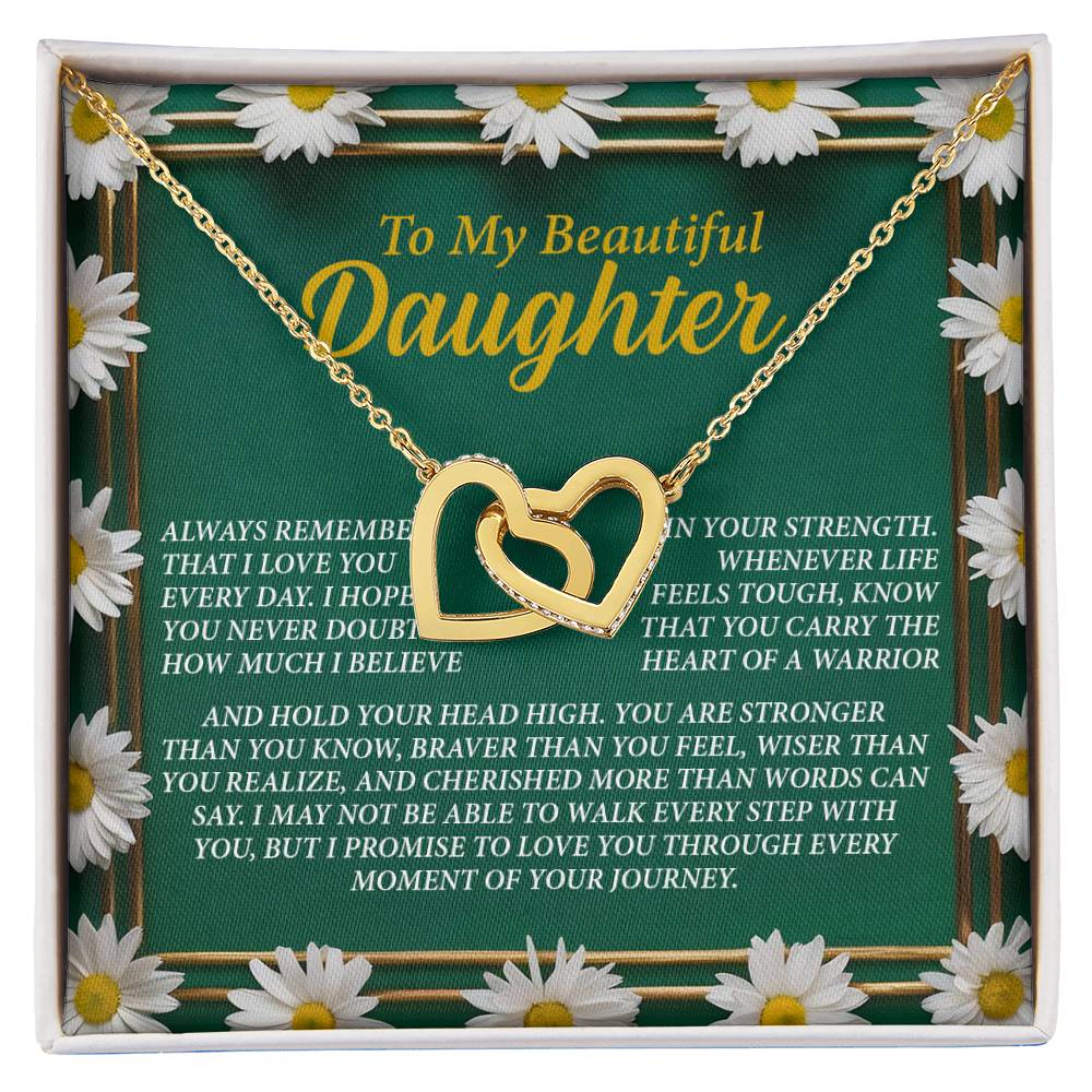 The Daughter-Your Journey - Interlocking Hearts Necklace in gold is embellished with cubic zirconia crystals and elegantly presented on a decorative card featuring white daisies and an inspirational message titled "To My Beautiful Daughter," expressing love and encouragement.