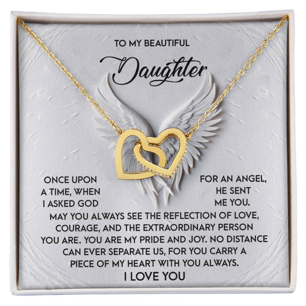 The Interlocking Hearts Necklace, from "Daughter-An Angel" collection, features an 18k yellow gold finish and is elegantly displayed on a card with an angel wing illustration. The card conveys a heartfelt message of love, pride, and the enduring parent-child bond.