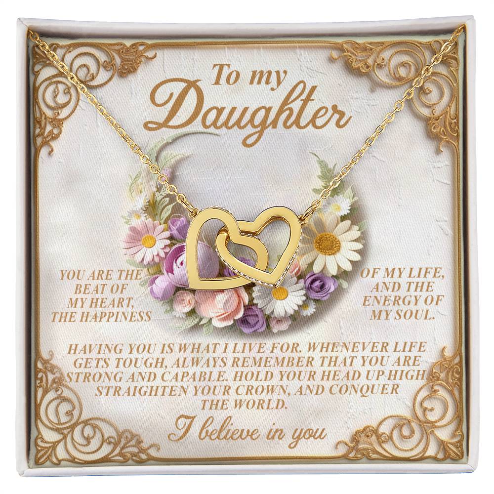 The Daughter-Heart Happiness Interlocking Hearts Necklace comes with a "To my Daughter" card on a floral background, featuring an inspirational message about love and strength along with decorative golden borders and an elegant rose gold finish.