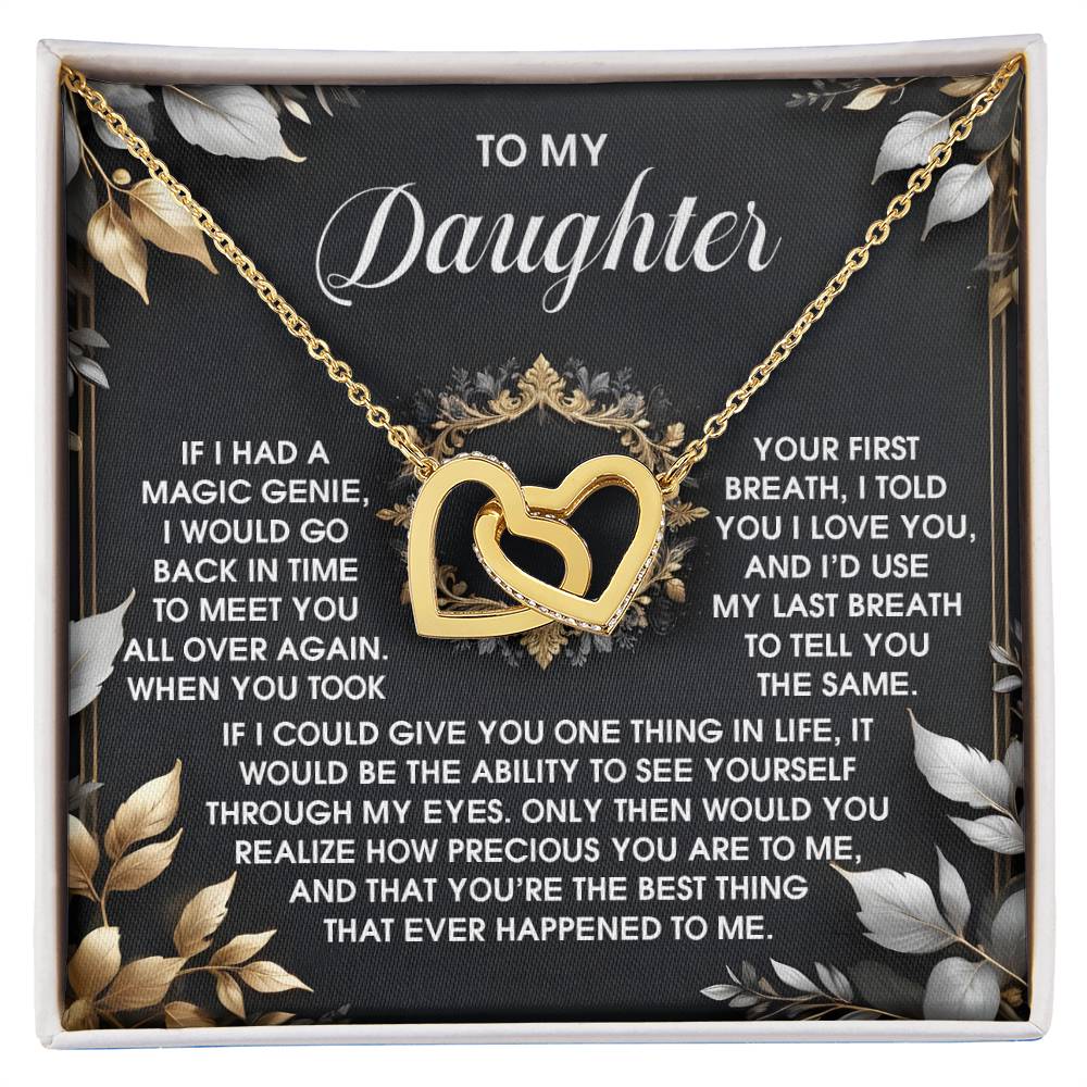 The Daughter-Over Again - Interlocking Hearts Necklace features intertwined hearts in rose gold finish with cubic zirconia crystals and floral accents, nestled in a gift box with a heartfelt message for your daughter.